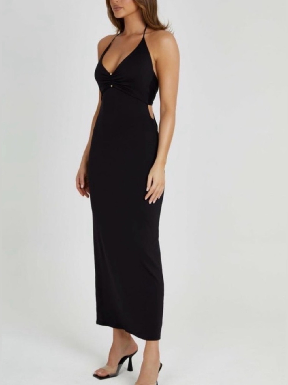 MESHKI Heidi Recycled Nylon Pin Detail Midi Dress - Black - Size M NWT